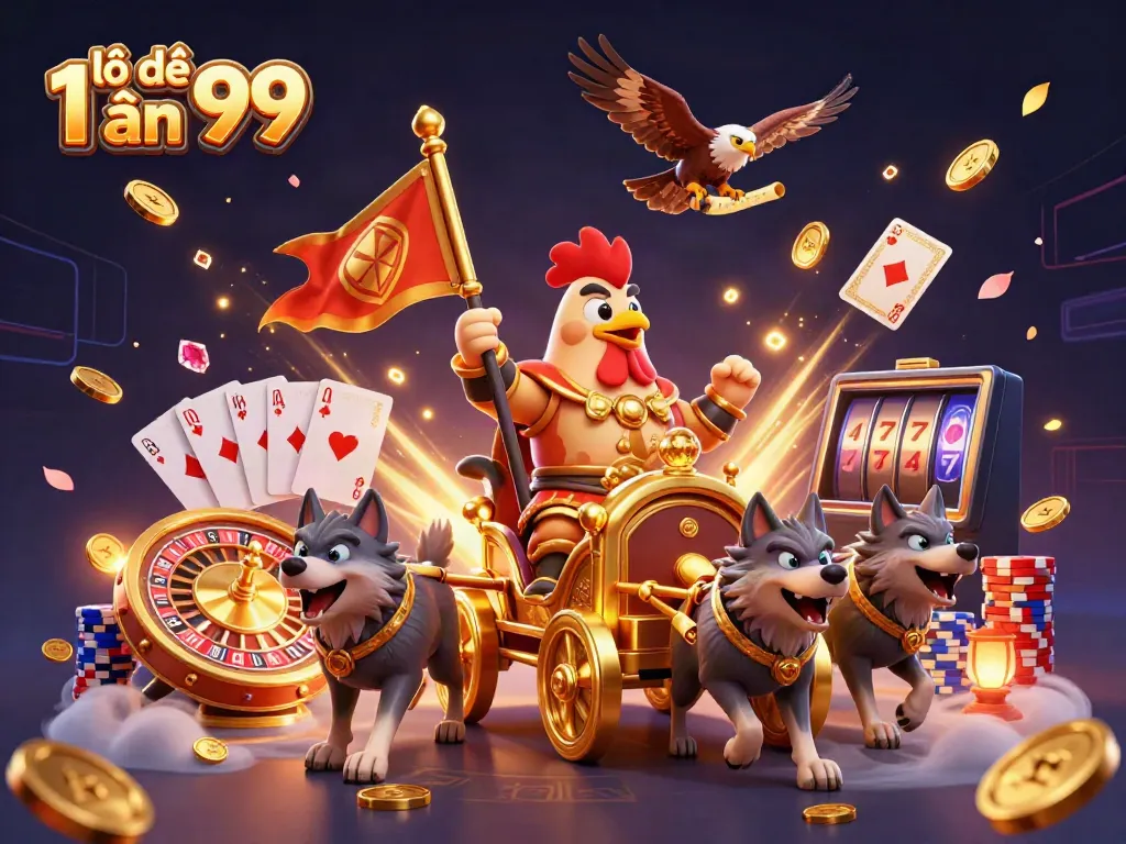 Engage with lô đề 1 ăn 99 through thrilling 3D illustration featuring a rooster warlord and gaming elements.