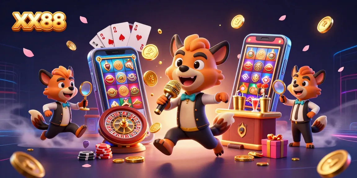 Engage with exciting XIX88 slot games by hyenas in a vibrant casino-themed illustration.