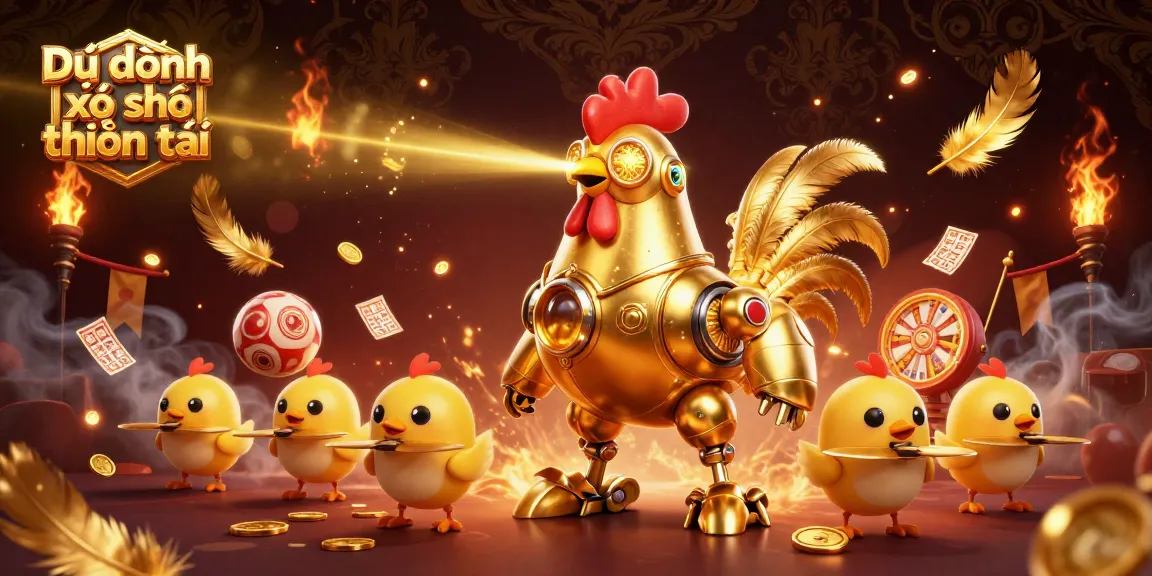 Dự đoán xổ số thần tài dynamic illustration featuring a golden rooster robot and baby chick drones engaging with lottery elements.
