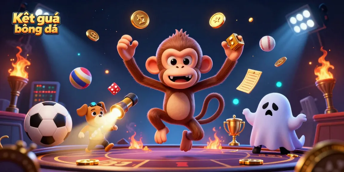 Bet on Kết quả bóng đá with an animated scene featuring a playful poltergeist monkey and a ghost-hunter puppy in a haunted casino.