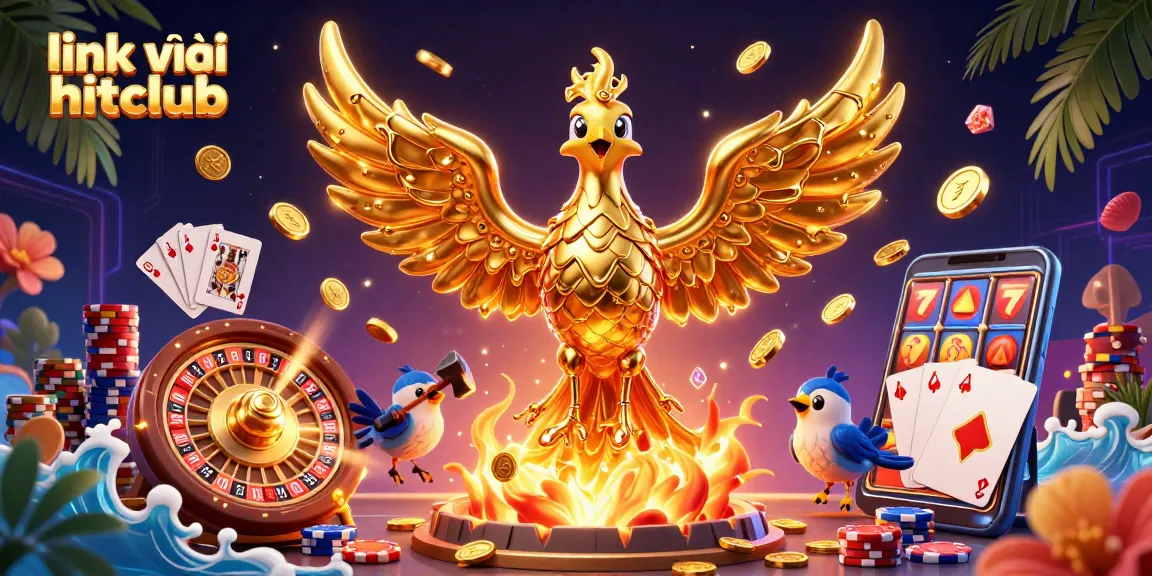 Experience thrilling games at hitclub with this vibrant illustration showcasing golden phoenix and casino elements.