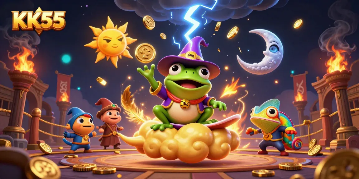Experience KK55's thrilling casino adventure with a vibrant storm of golden coins and magical elements.
