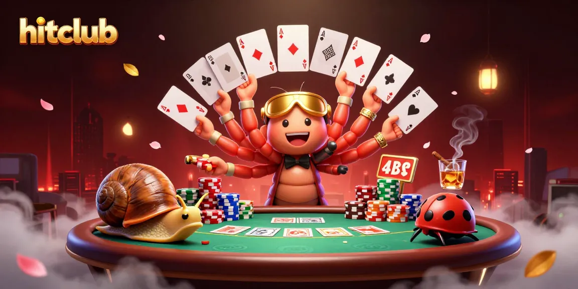 Engaging hitclub scene with a millipede dealer, high-roller snail, and excited pill bug amidst vibrant casino elements.
