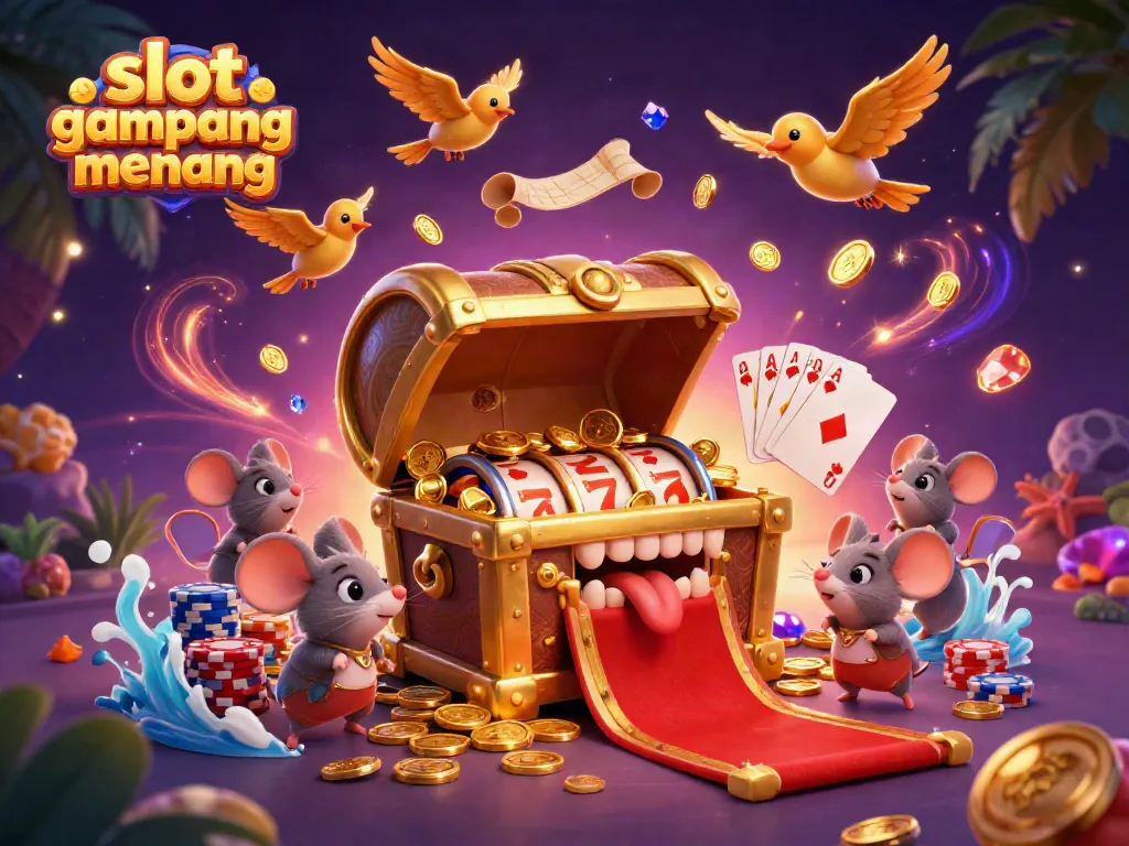 Experience slot gampang menang with alluring treasure chests and vibrant casino elements in this enchanting scene.