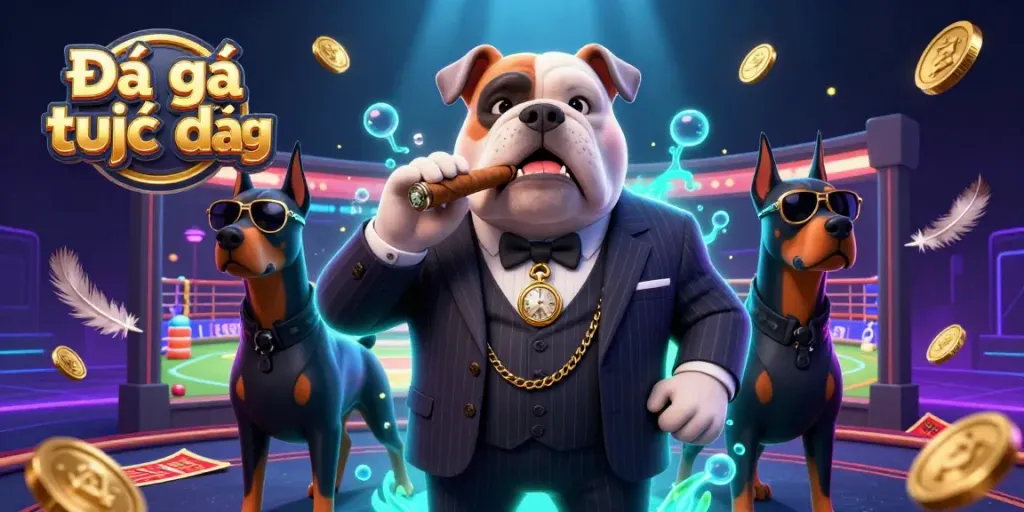 Engage in Đá gà trực tiếp with our dynamic scene featuring a mafia bulldog and his bodyguard Dobermans amidst a vibrant cockfighting arena.