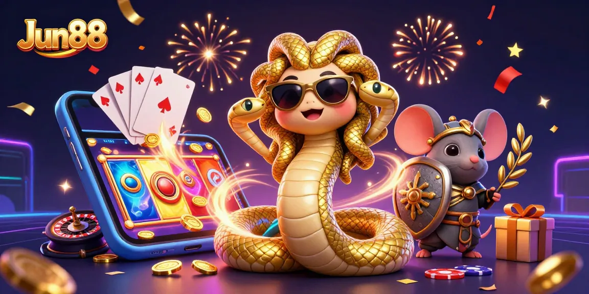 Join Jun88 for immersive gaming with Medusa and a warrior mouse in a vibrant casino landscape.