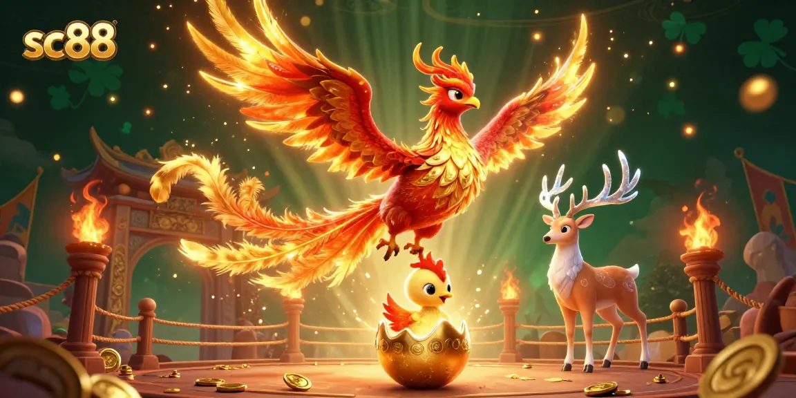 Engage in exciting gaming adventures with sc88 featuring a phoenix, golden egg, and mystical stag.