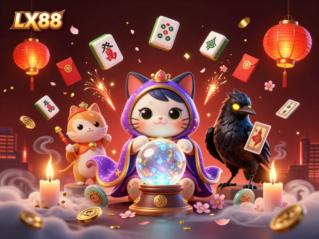 Experience an enchanting gambling scene with LX88 featuring a mystic cat and glowing raven.