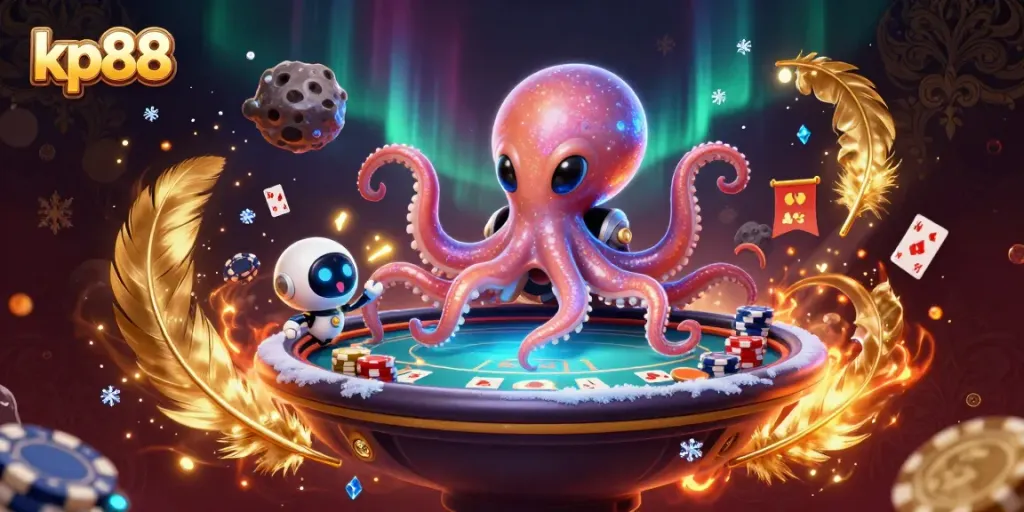 Experience thrilling poker gameplay at kp88 with an alien octopus and its robot companion.