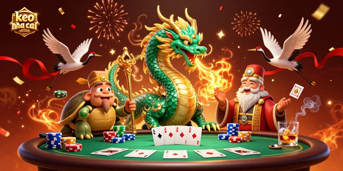 Engage in thrilling "keo nha cai" betting with a vibrant dragon and lucky symbols at a poker table