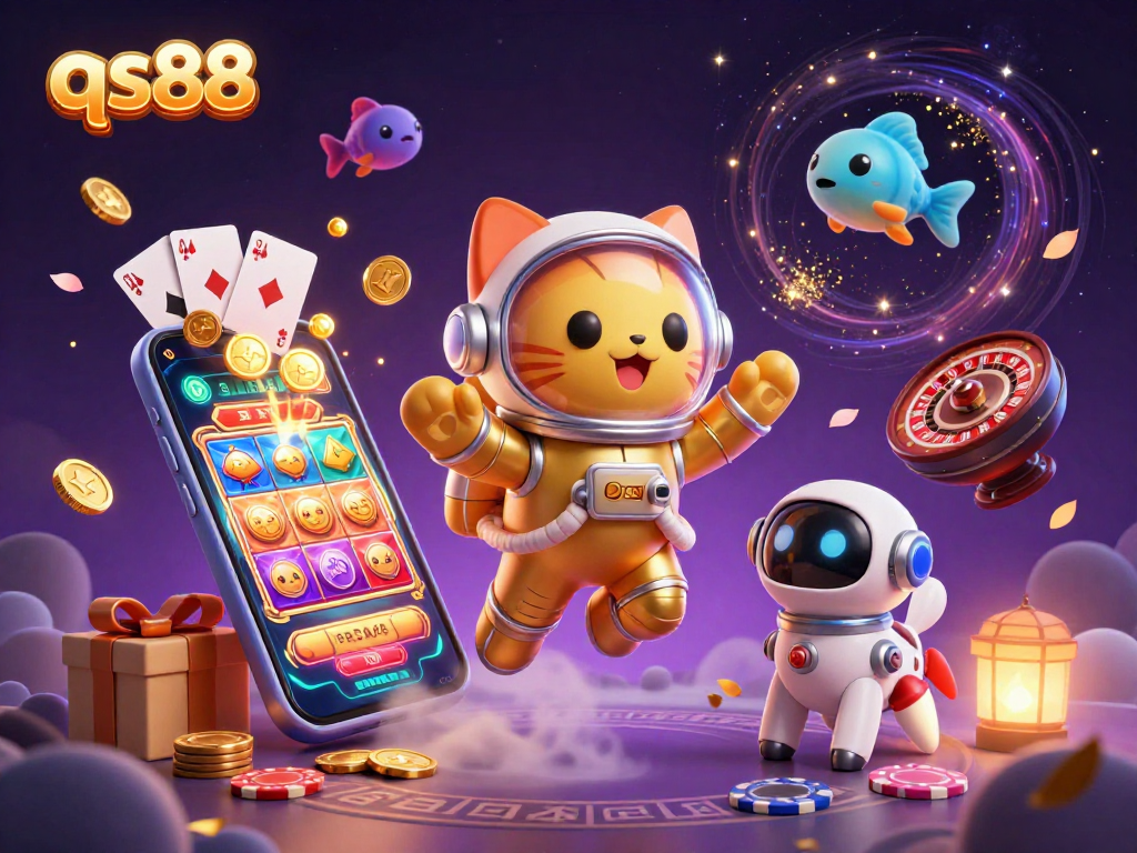 Engage with qs88's vibrant casino world through a cartoon space adventure showcasing an astronaut cat.