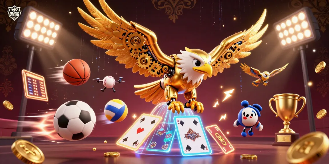 ON68's thrilling 3D illustration showcases a golden eagle diving through playing cards, surrounded by dynamic sports elements.