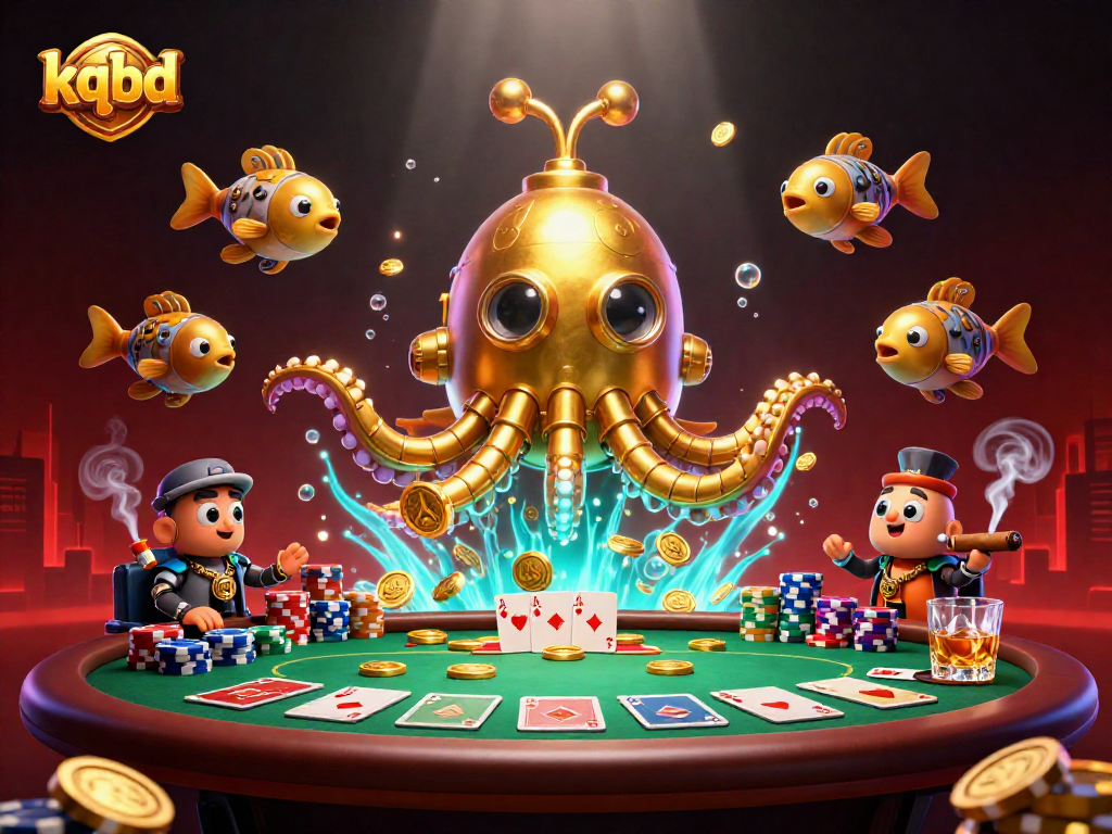 Experience live action with kqbd as the golden kraken submarine emerges from a sea of coins amid poker excitement.