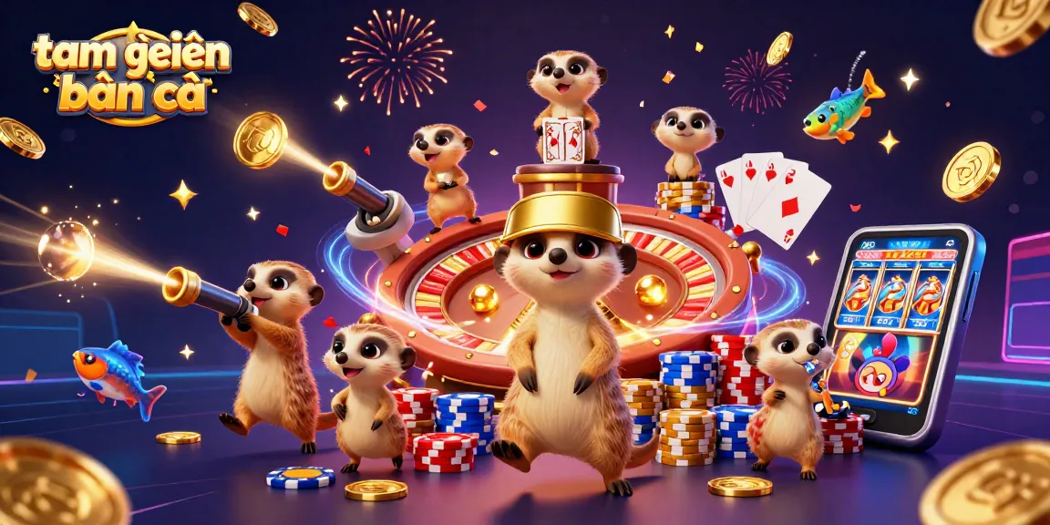 Engage in tam tiên bắn cá with meerkats running a vibrant fish shooting casino filled with coins and gems.