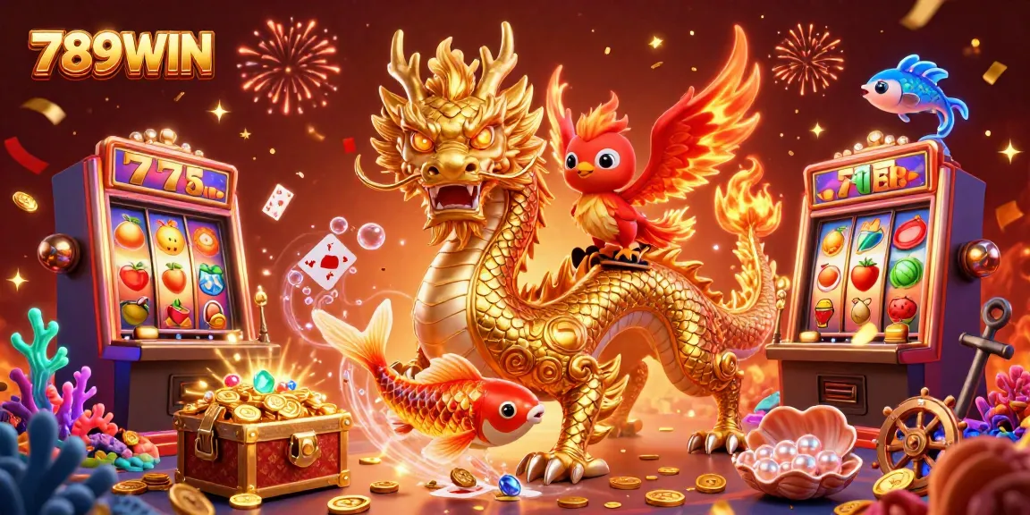 Experience the vibrant excitement of 789WIN with a golden dragon, phoenix, and koi fish amidst slot game imagery.