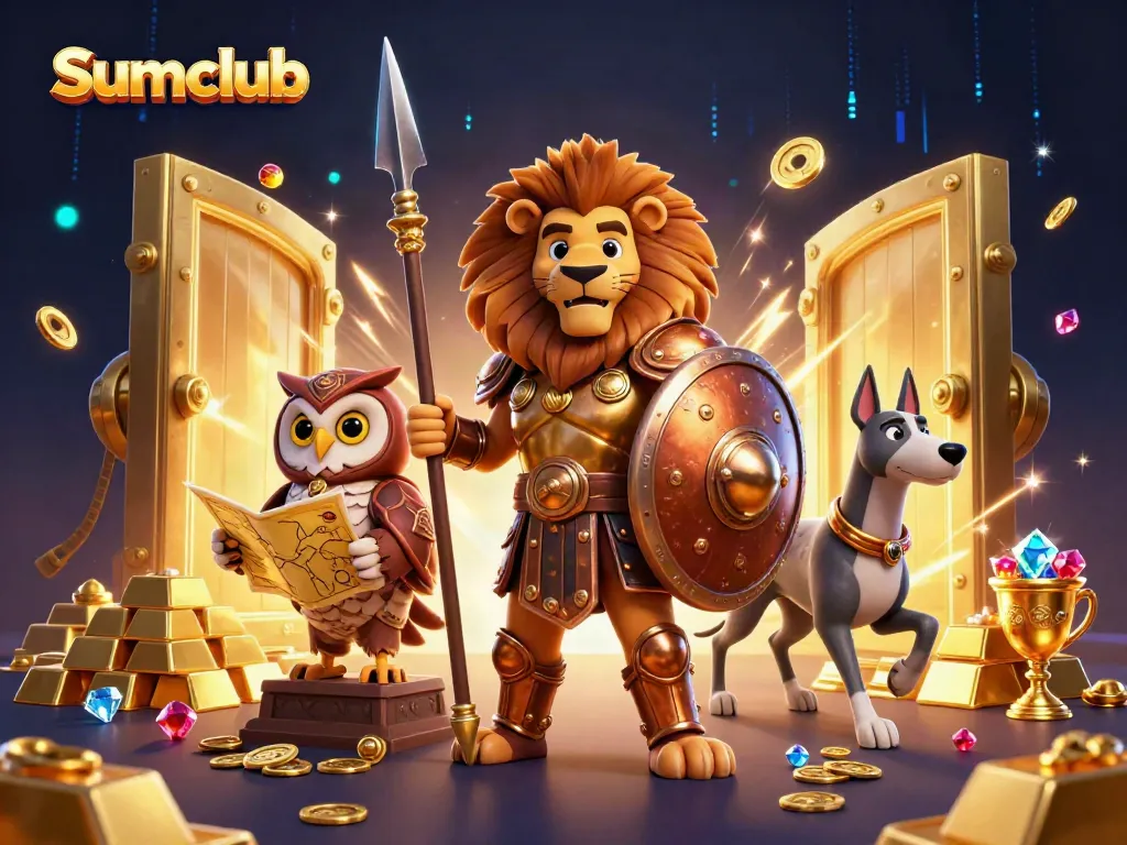 Engage with Sumclub in a vibrant casino scene, featuring a heroic lion surrounded by treasures.
