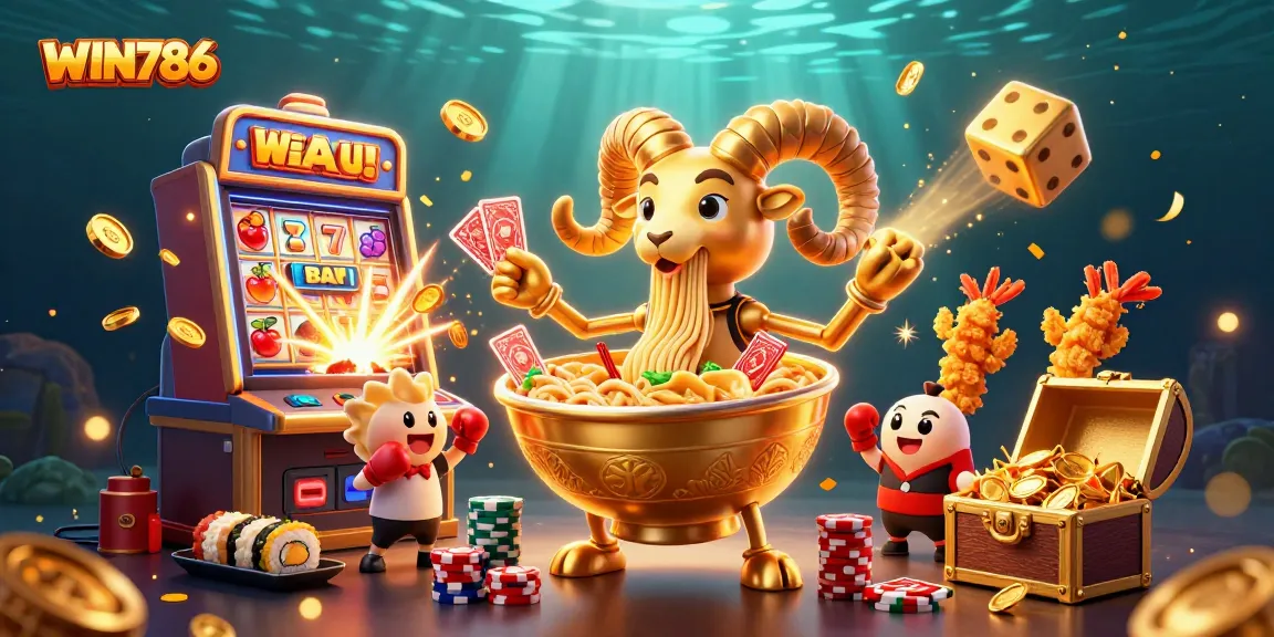 Experience the thrilling world of WIN786 with our vibrant 3D casino illustration featuring playful characters and action elements.