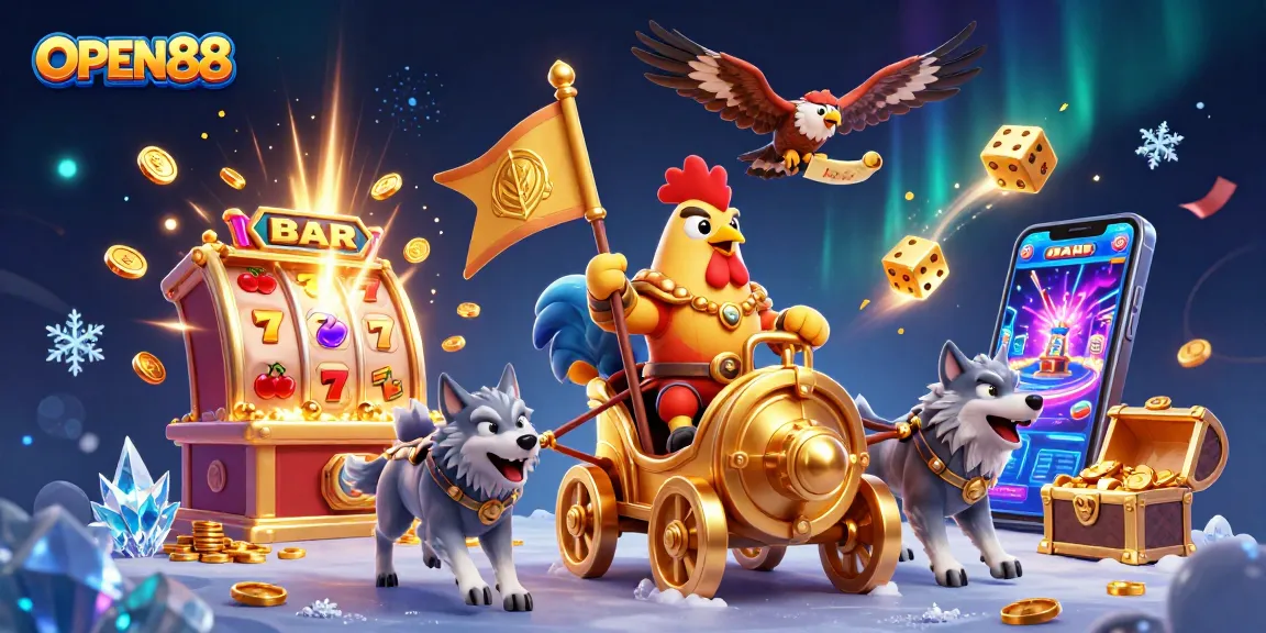 Experience thrilling gaming adventures with OPEN88's exciting casino scene showcasing jackpots and vibrant characters.
