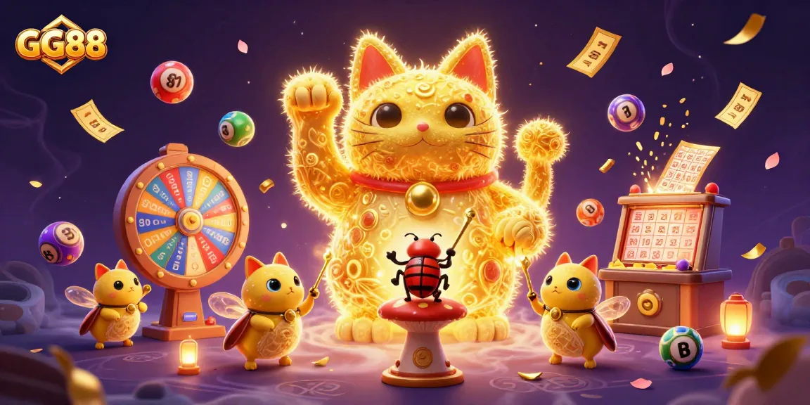 Experience vibrant gaming at GG88 with a lucky cat surrounded by exciting casino elements.