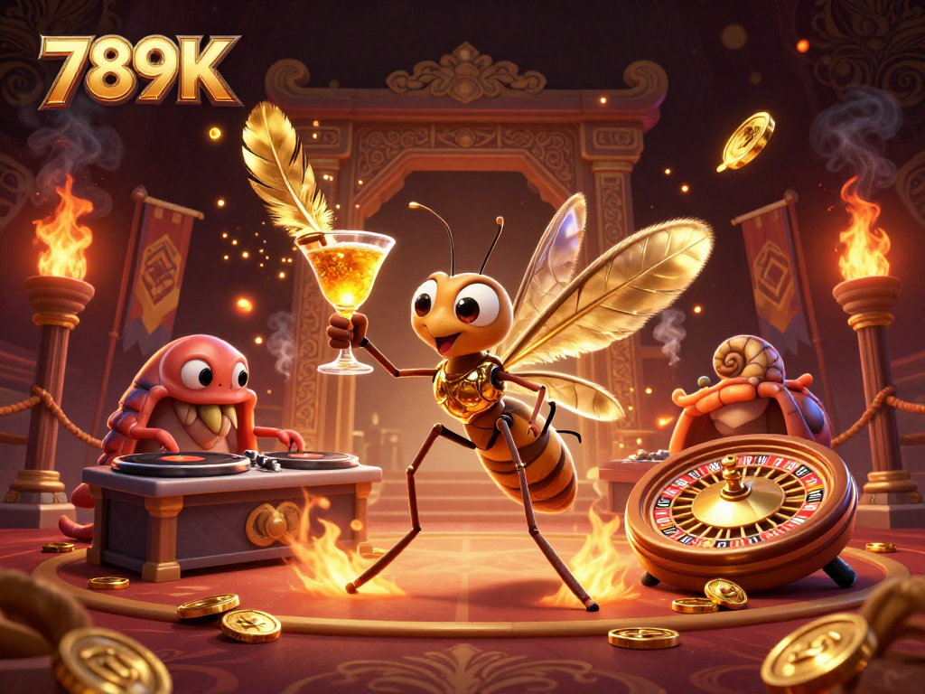 Engage in thrilling casino action with 789K's vibrant 3D scene featuring unique characters and golden elements.