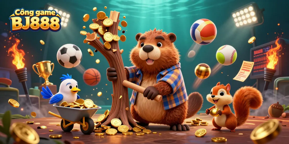Cổng game BJ888 showcases a lively scene with animated characters and exciting gaming elements in a vibrant casino atmosphere.