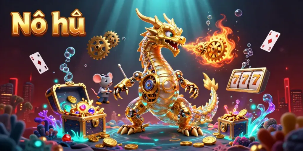Nổ hũ showcases a vibrant scene with a dragon, gold coins, and immersive casino elements for gamblers.