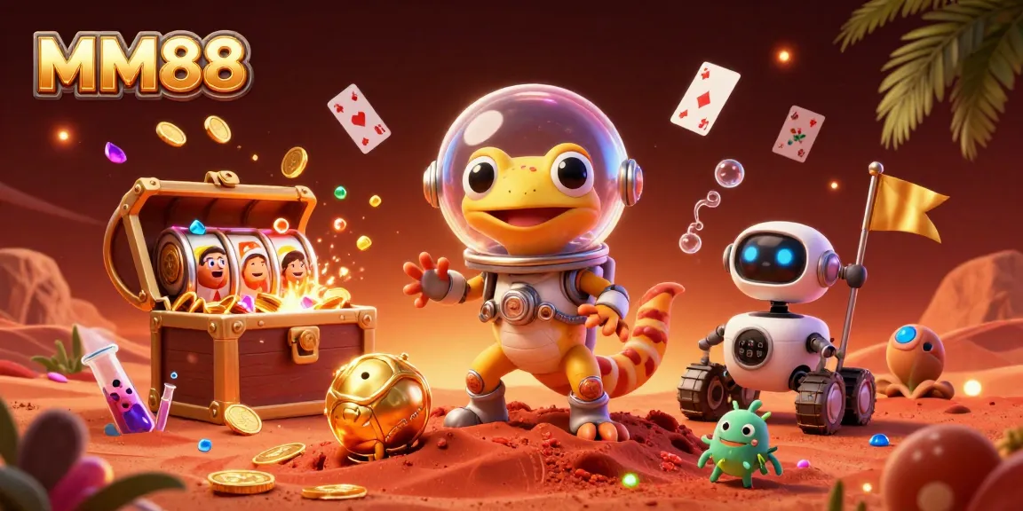 Experience the thrill of MM88 as the Martian gecko discovers a golden casino, surrounded by dynamic gameplay elements.