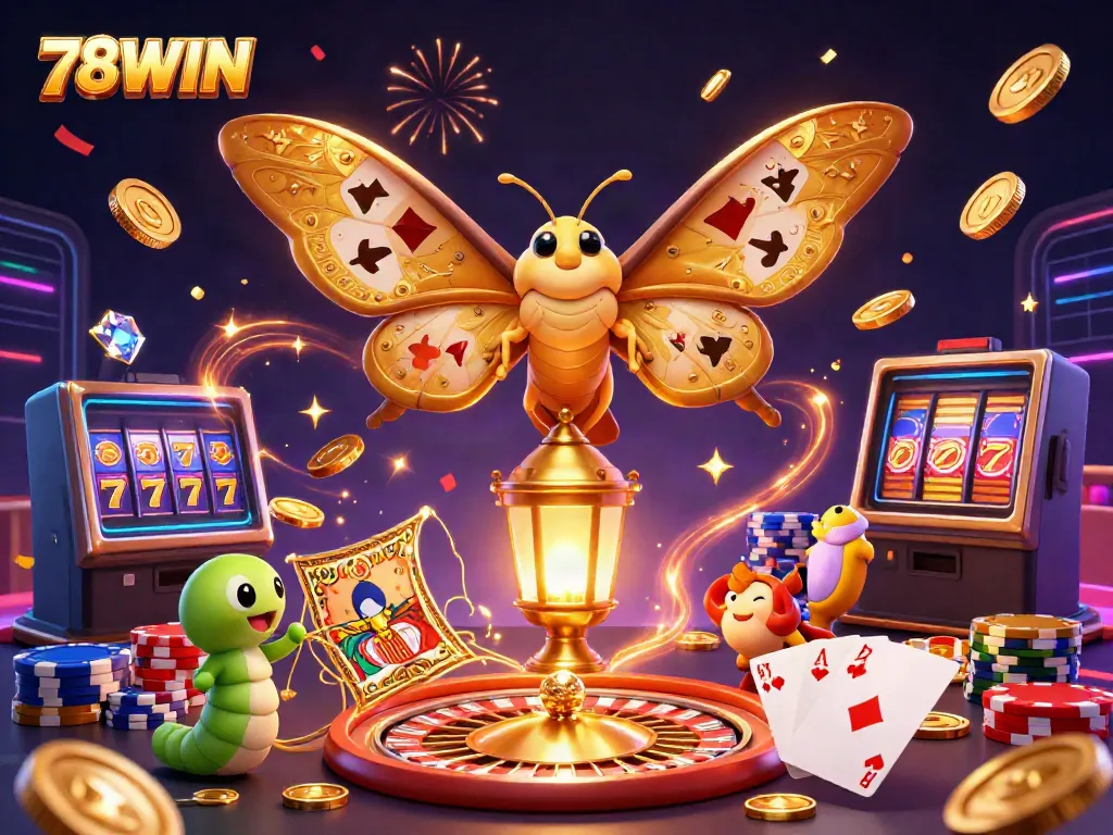 Experience the thrilling world of 78WIN with vibrant casino scenes and golden winning elements.