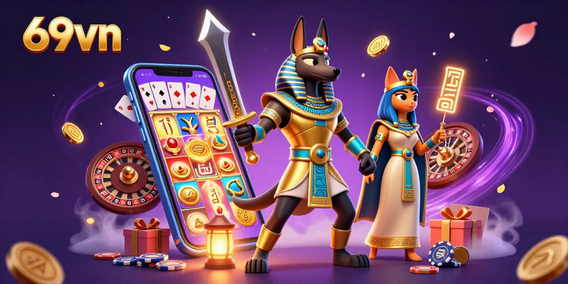 Engage with the thrilling world of 69vn through vibrant casino elements and stunning characters.