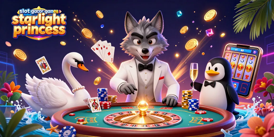 Engage in slot gacor games Starlight Princess featuring a wolf, swan and penguin in a vibrant casino scene.