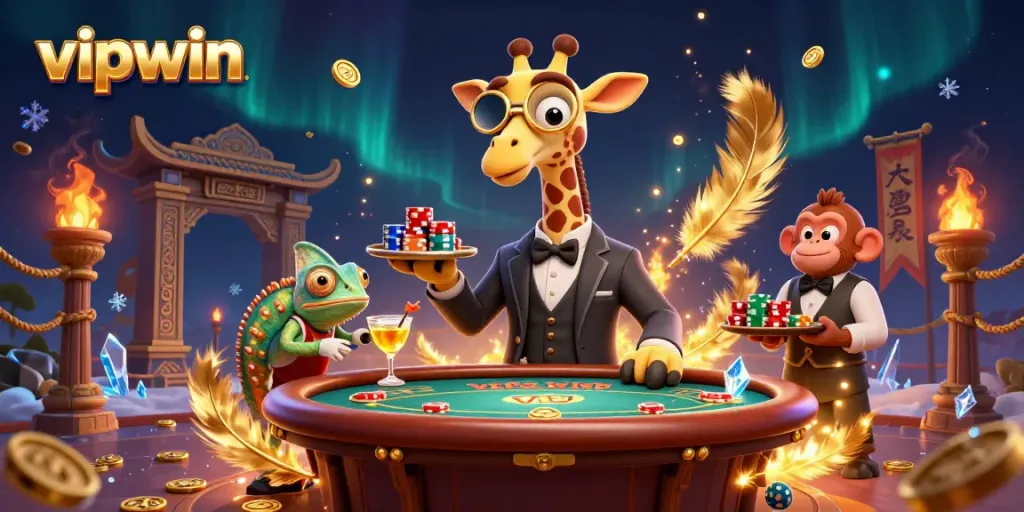 Experience VIPWIN action with a high-roller giraffe at a lively interactive poker scene.
