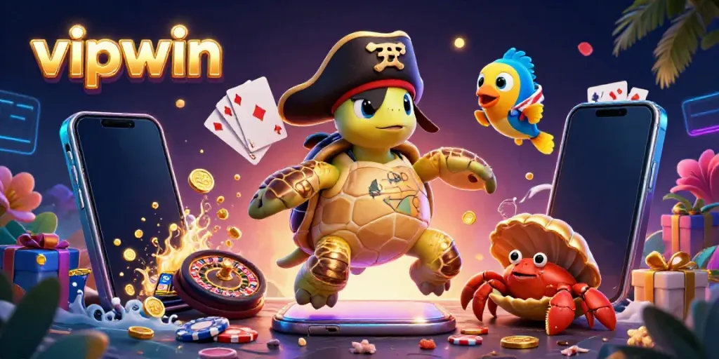 Engage in vipwin's exciting slots with vibrant visuals of a pirate turtle, crab, and fish surrounded by treasures.