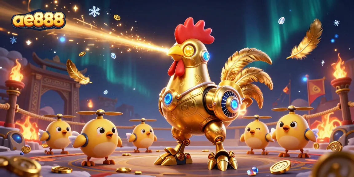 Bet on big wins with ae888's golden rooster robot and baby chick drones in a vibrant casino scene.