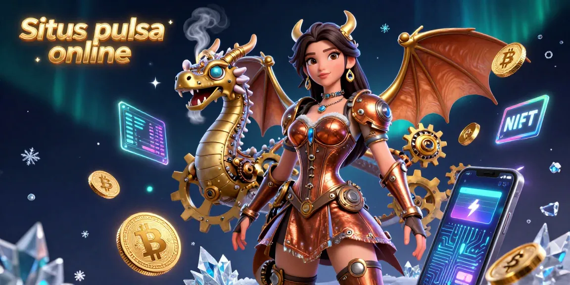 Situs pulsa online showcases vibrant gambling action with 3D coins and characters dynamically interacting.