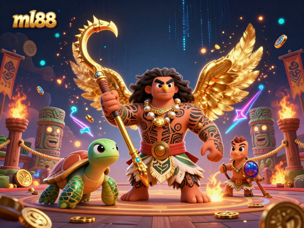 Engage with ml88's vibrant 3D casino illustration featuring dynamic game elements and colorful characters.