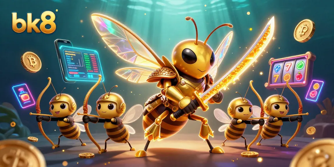 Engage with bk8's vibrant gaming scene, featuring a golden hornet samurai and crypto elements in a rich 3D illustration.