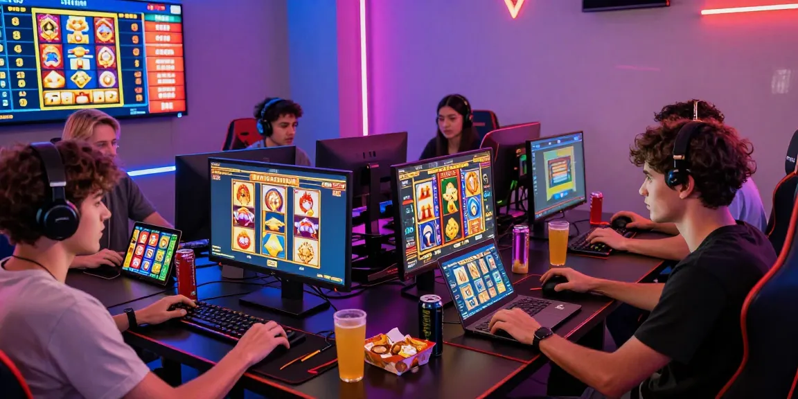 Friends enjoying an exciting online gaming session, focusing on depo pulsa 10k tanpa potongan and slot games with vibrant graphics.