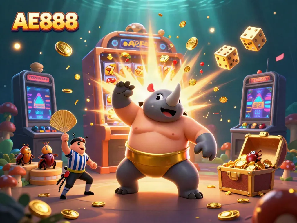 AE888 casino illustration featuring a rhinoceros beetle sumo champion amidst a jackpot explosion of coins and slot symbols.