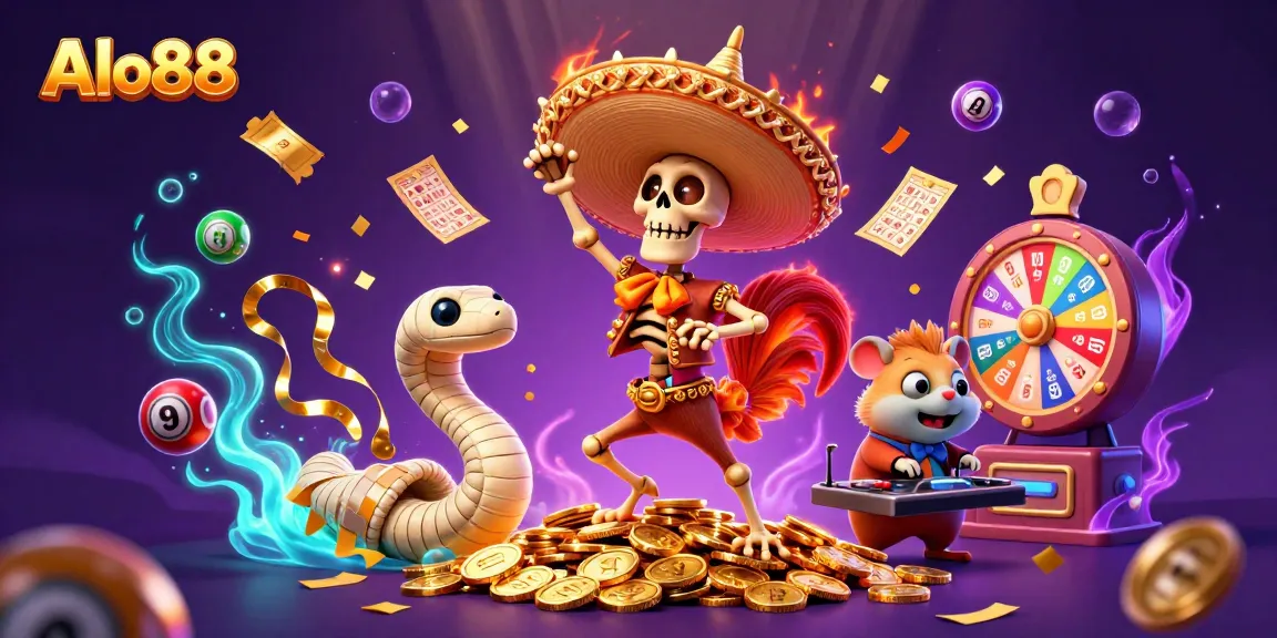 Alo88 ignites excitement with a vibrant 3D casino scene featuring a dancing rooster and dynamic lottery elements.