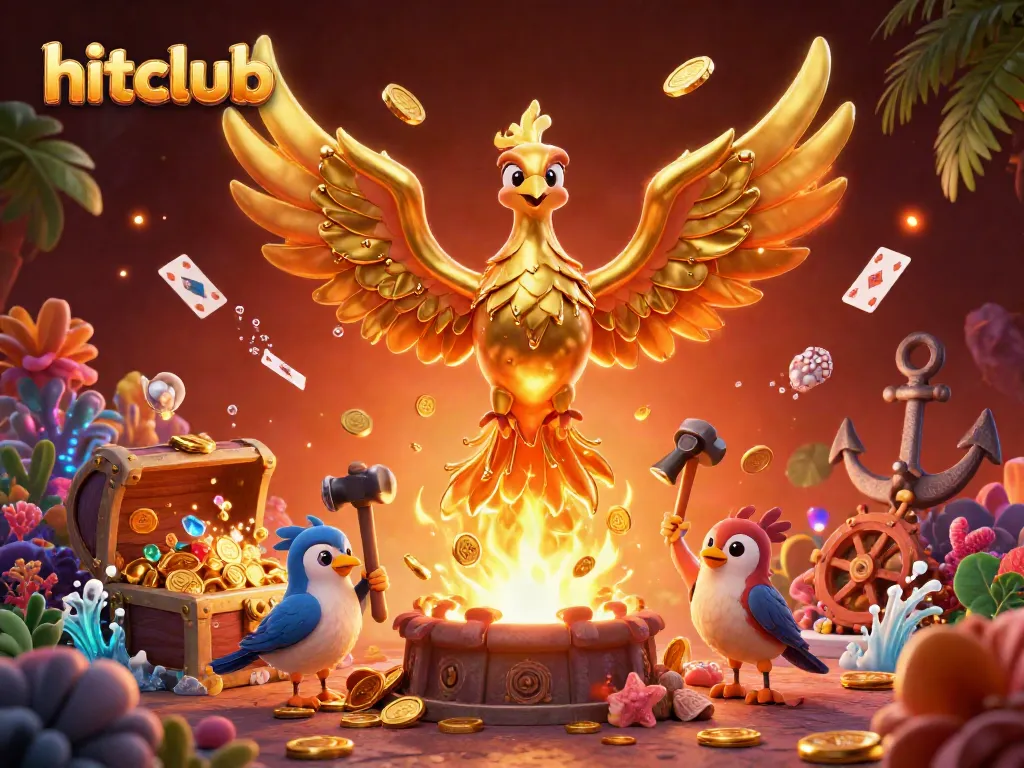 Experience diverse gaming adventures with hitclub's vibrant 3D phoenix and treasure-themed visuals.