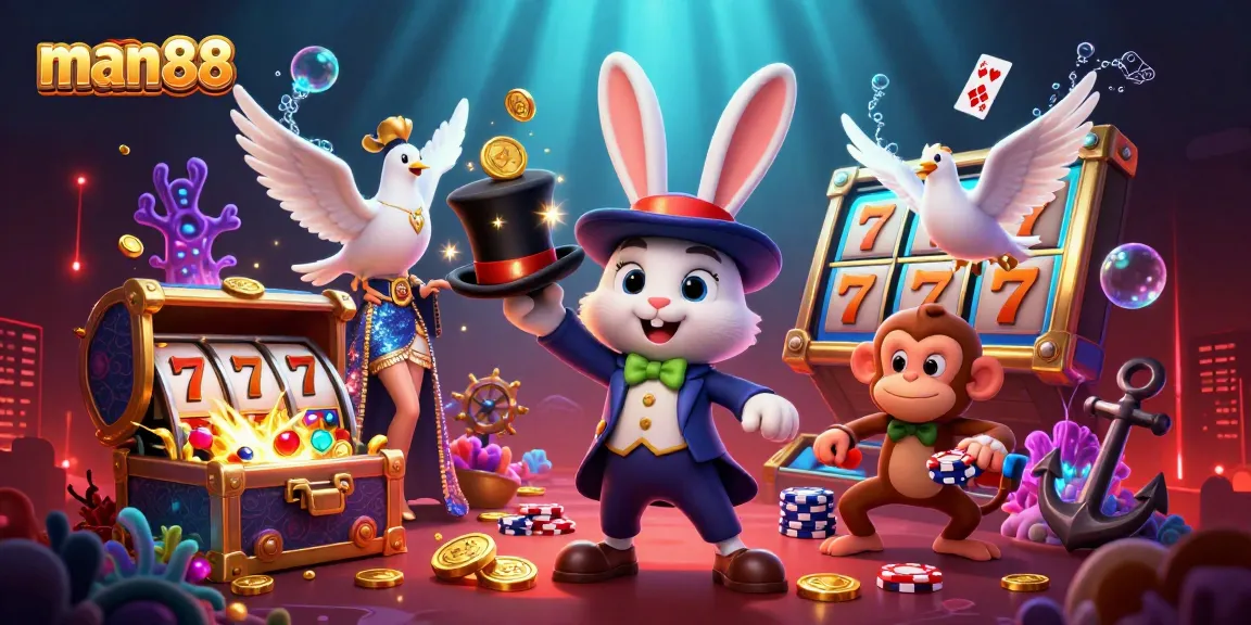 Experience man88's vibrant 3D casino scene filled with magic and gaming elements like poker chips and golden coins.