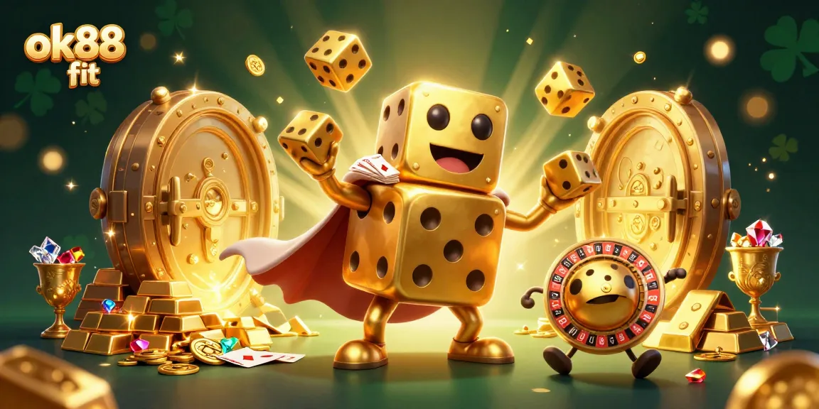 Engage in the thrill of gambling with ok88 fit’s enchanting 3D casino illustration featuring golden dice and treasures.