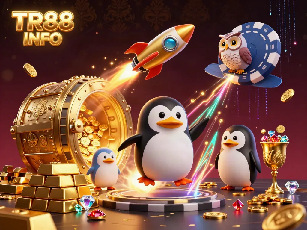 Experience TR88 INFO with a captivating 3D scene featuring a golden penguin traveling to a casino space station.