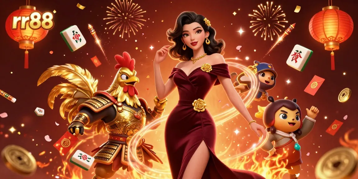 Play games at rr88 casino with a glamorous character and golden rooster amidst festive decorations.