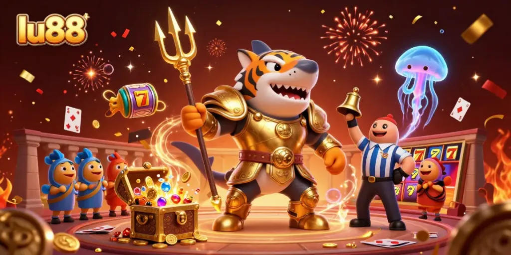 Experience thrilling gameplay at lu88 with an underwater gambling scene featuring a tiger shark and treasure.