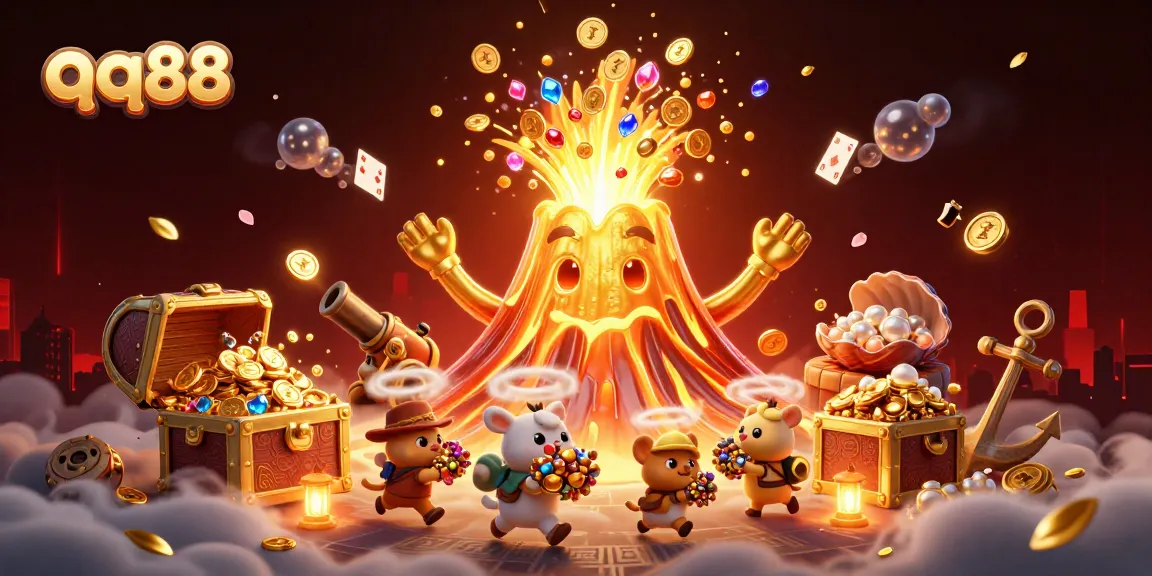 Experience thrilling treasure hunts with qq88 among a vibrant casino scene of coins and gems.