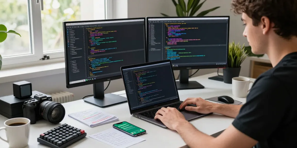 Developer coding WhatsApp下載 on dual monitors in a modern workspace