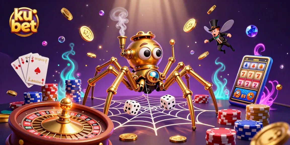 Experience excitement at ku bet with a lively scene of golden spider weaving its web and playful gaming elements.