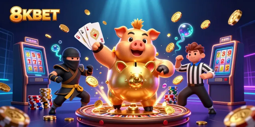 8KBET features a dynamic scene with a golden piggy bank sumo wrestler stamping coins, showcasing the excitement of online gaming.
