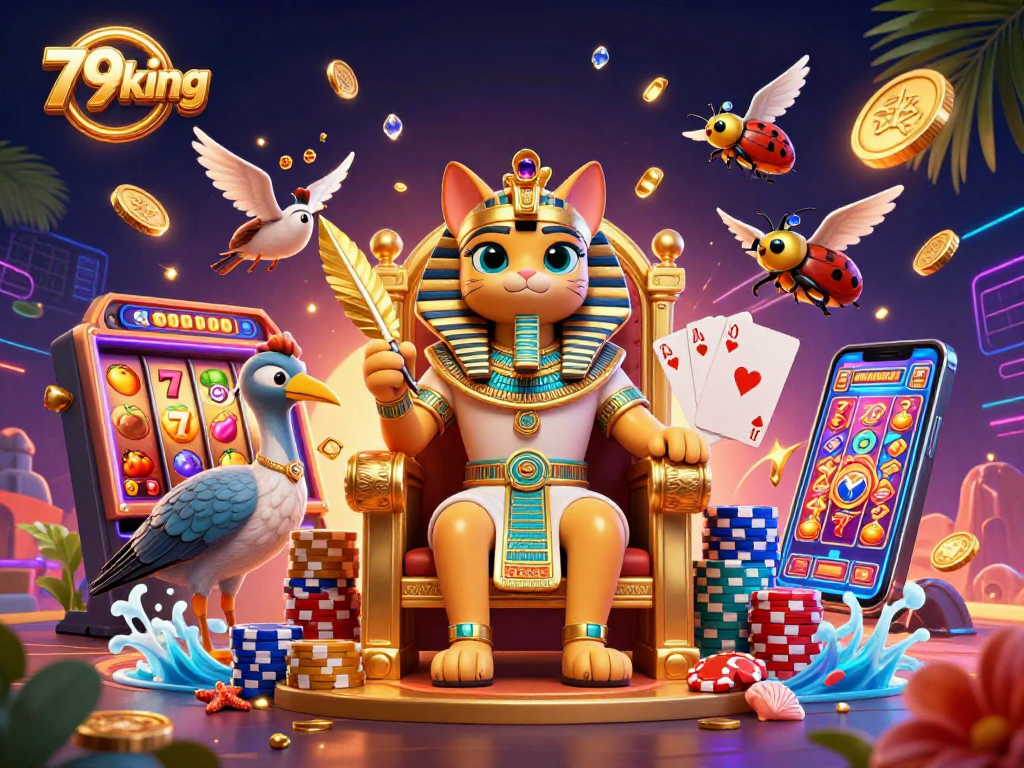 Experience the thrill of 79king with a captivating scene of a royal pharaoh cat amidst casino excitement.